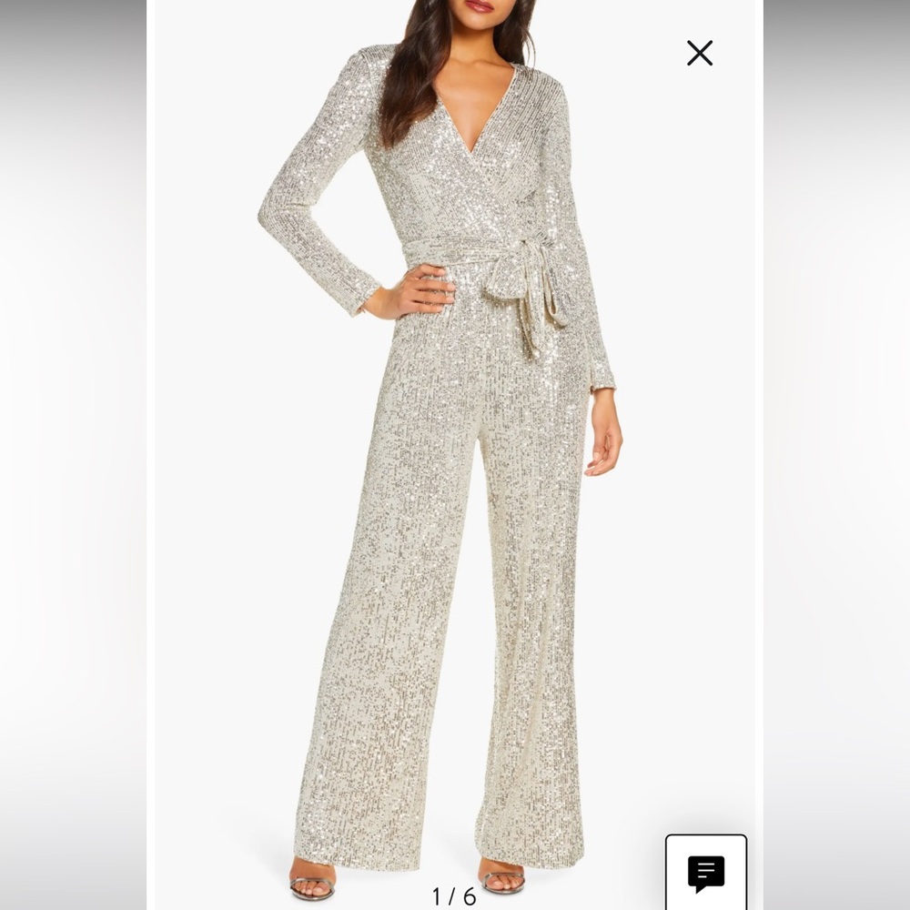 NWOT Eliza J Sequin Wrap Front Long Sleeve Jumpsuit in size 4